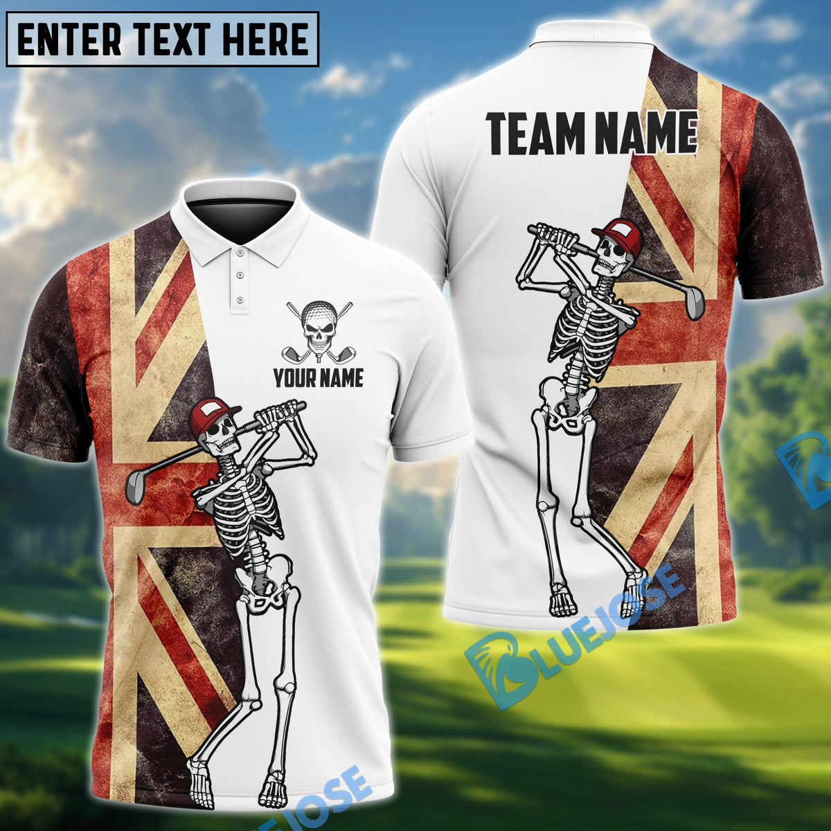 BlueJose Skeleton Golf Flag Options Personalized Name, Team Name 3D Shirt (4 Colors)