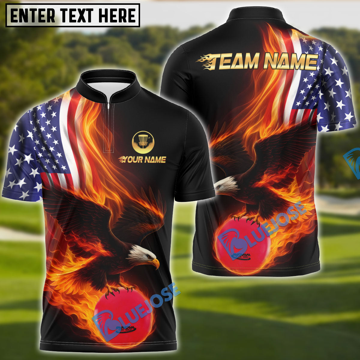 BlueJose Patriot Fire Eagle Disc Golf Polo Customized Name, Team Name 3D Shirts