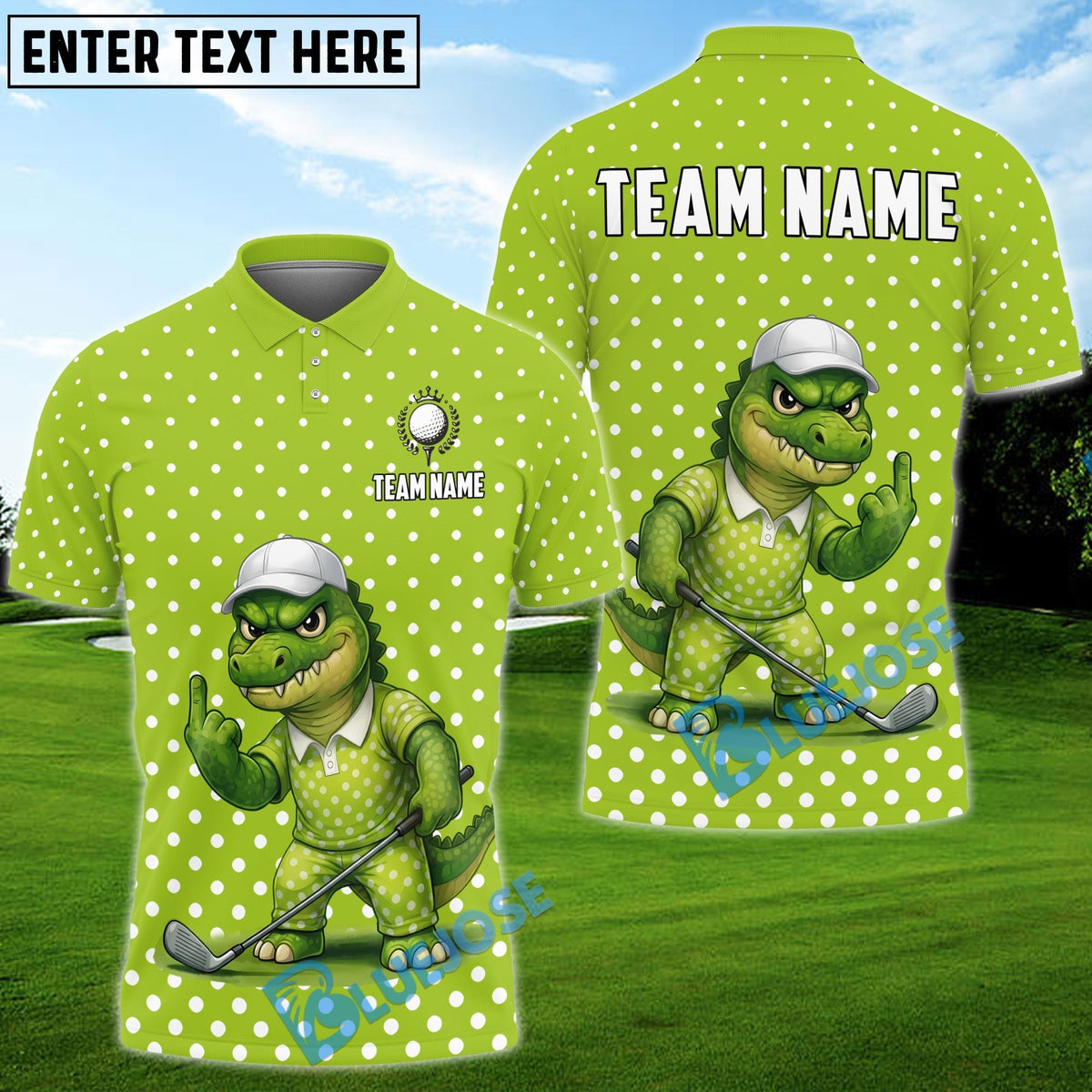BlueJose Golf Funny Alligator Polka Dot Cartoon Personalized Name, Team Name 3D Shirt (4 Colors)