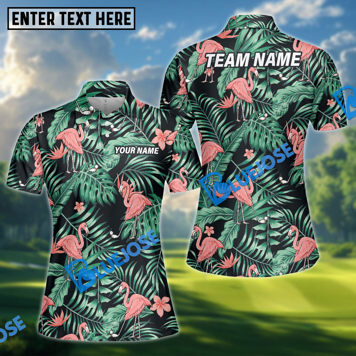 BlueJose Tropical Jungle Flamingo Women Golf Shirt, Custom Name & Team Name 3D Shirt