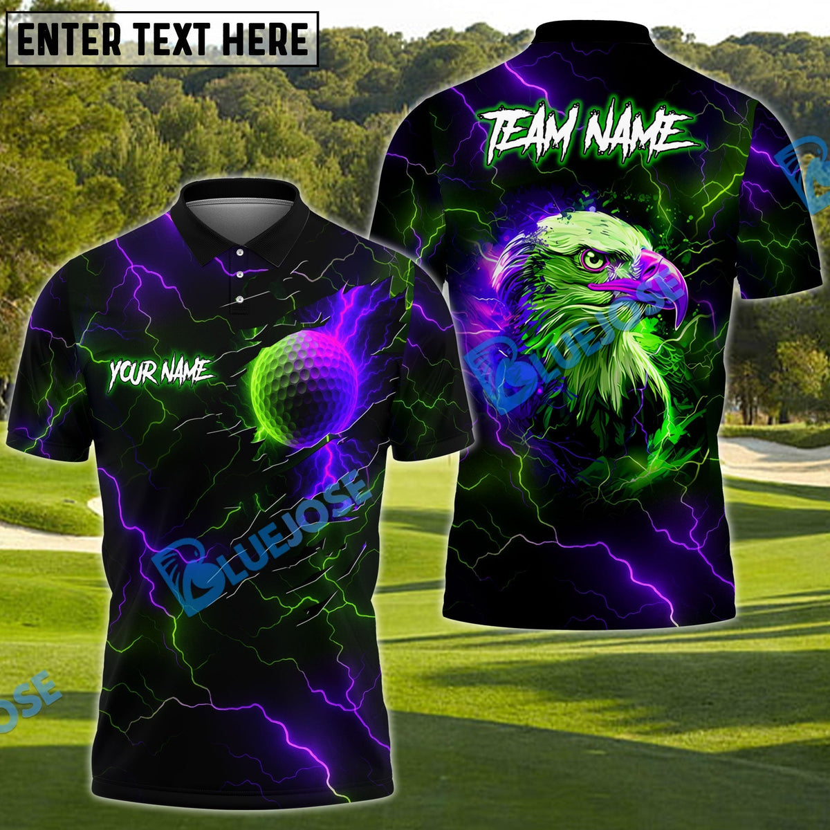 BlueJose American Eagle Lightning Golf Shirt Customized Name, Team Name 3D Shirts (4 Colors)