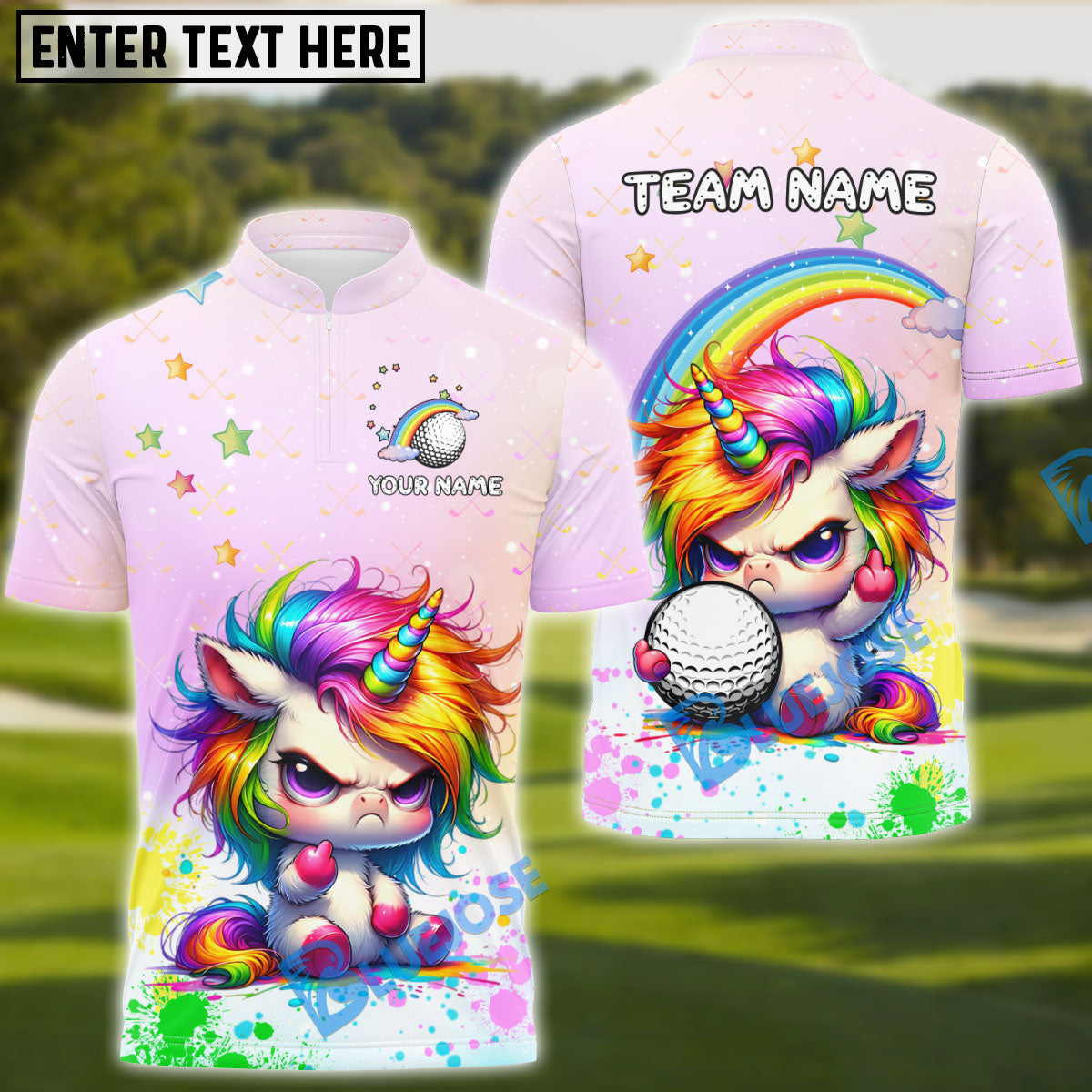 BlueJose Golf Cute Angry Unicorn Rainbow Customized Name, Team Name 3D Shirt