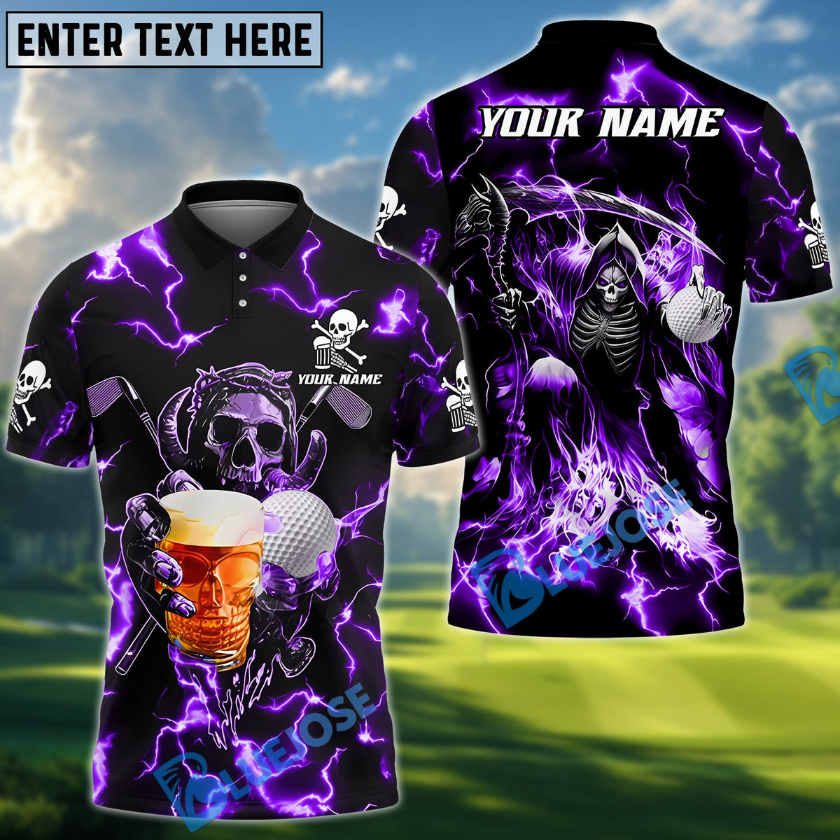 BlueJose Grim Reaper Lightning Golf Polo Shirt, Customized Name, Team Name 3D Shirts (4 Colors)