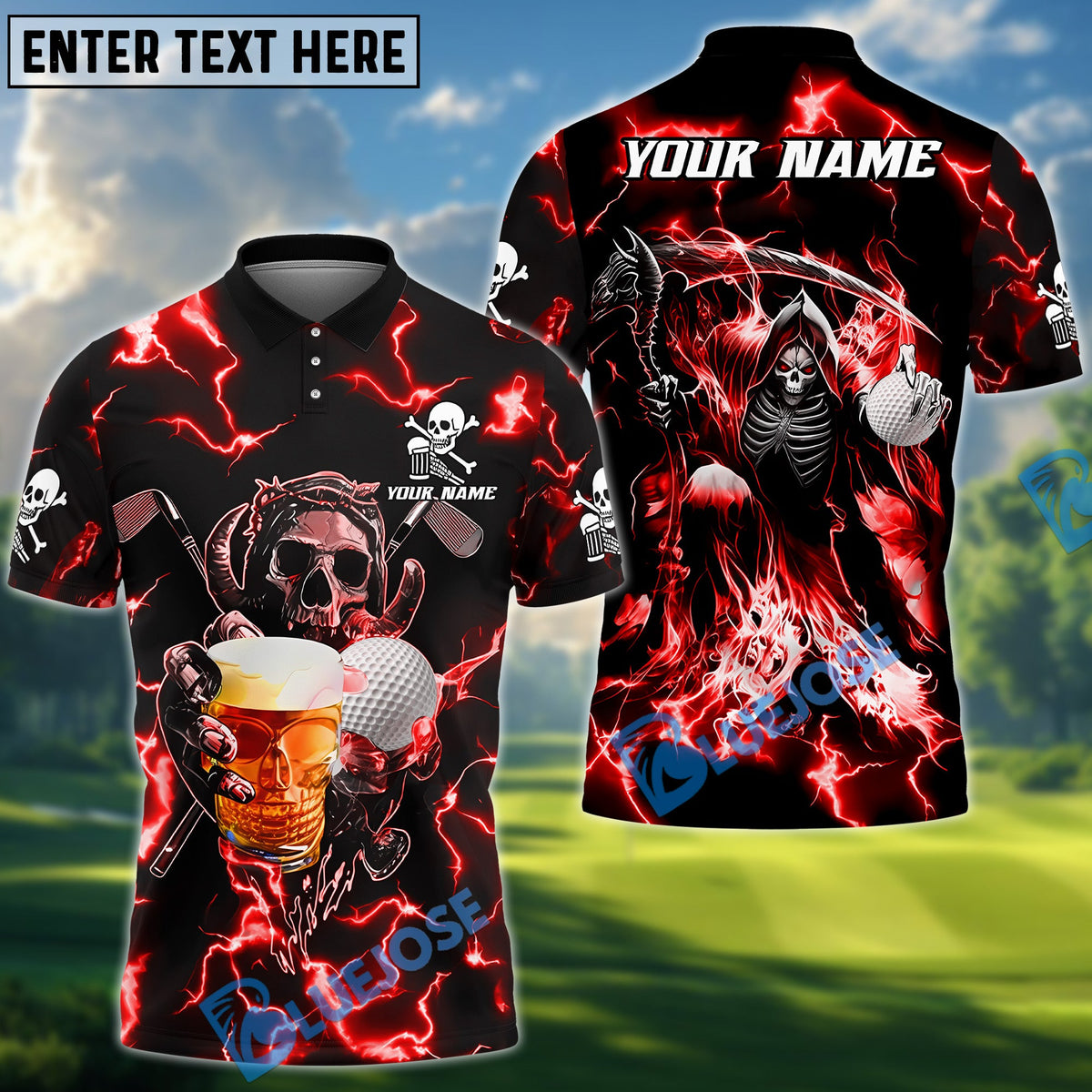 BlueJose Grim Reaper Lightning Golf Polo Shirt, Customized Name, Team Name 3D Shirts (4 Colors)