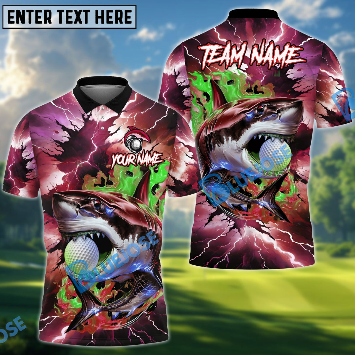 BlueJose Shark Strike Golf Polo Shirt, Customized Name & Team Name 3D Shirts (4 Colors)