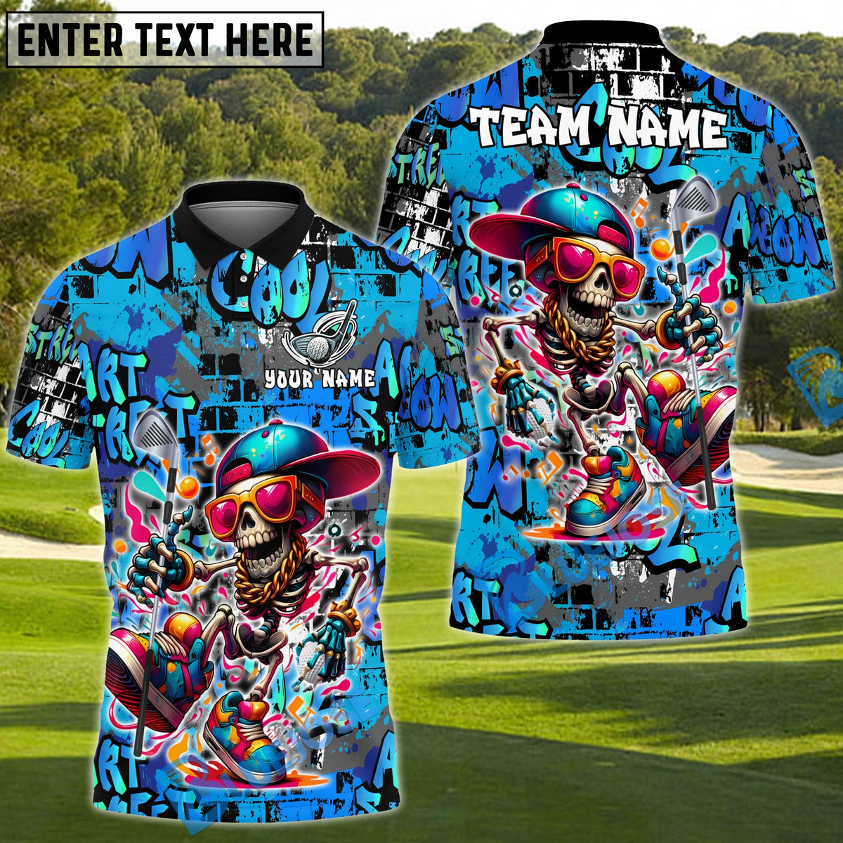 BlueJose Street Swing Skeleton Funny Golf Polo Shirt, Customized Name & Team Name 3D Shirts (4 Colors)