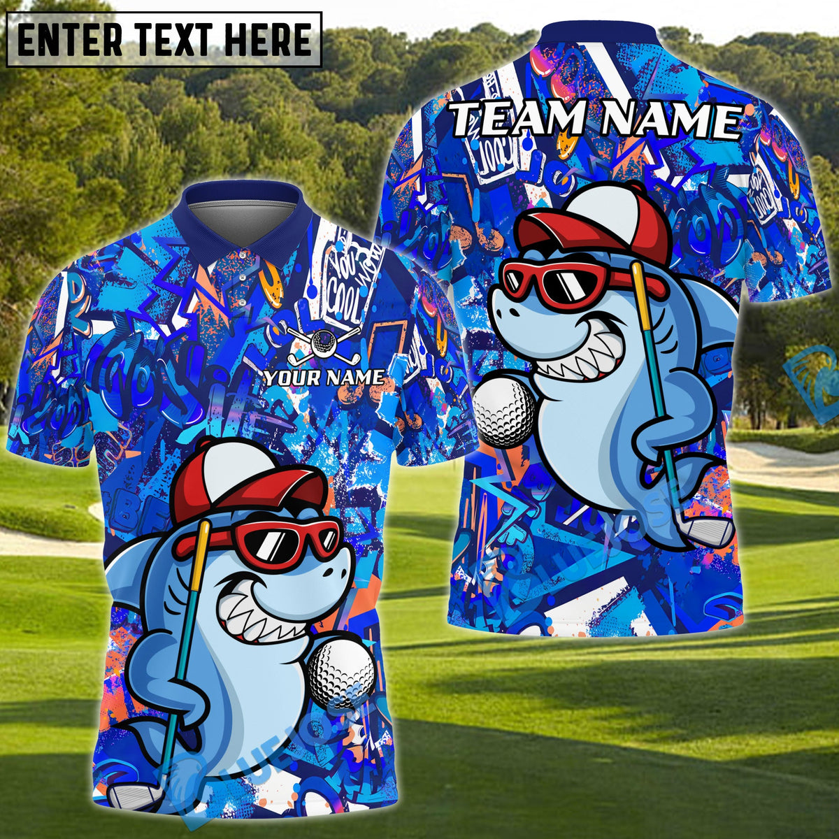BlueJose Graffiti Shark Golf Shirt Customized Name, Team Name 3D Shirts (4 Colors)
