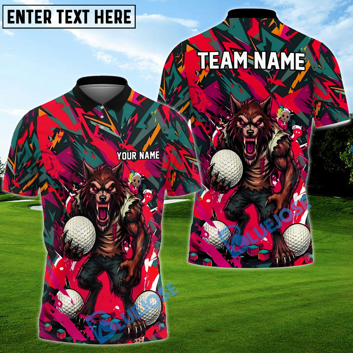 BlueJose Golf Angry Wolf Chaos Graphic Design Personalized Name, Team Name 3D Shirt (4 Colors)