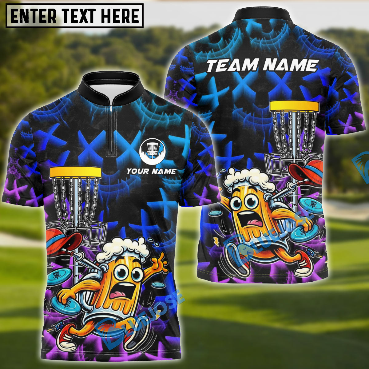 BlueJose Funny Beer Disc Golf Mascot Polo Personalized Name, Team Name 3D Shirt (4 Colors)