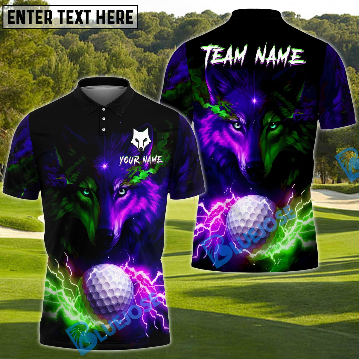 BlueJose Water Wolf & Fire Wolf Pattern Golf Shirt ‚Äö√Ñ√¨ Lightning 3D Design with Custom Name & Team (4 Colors)