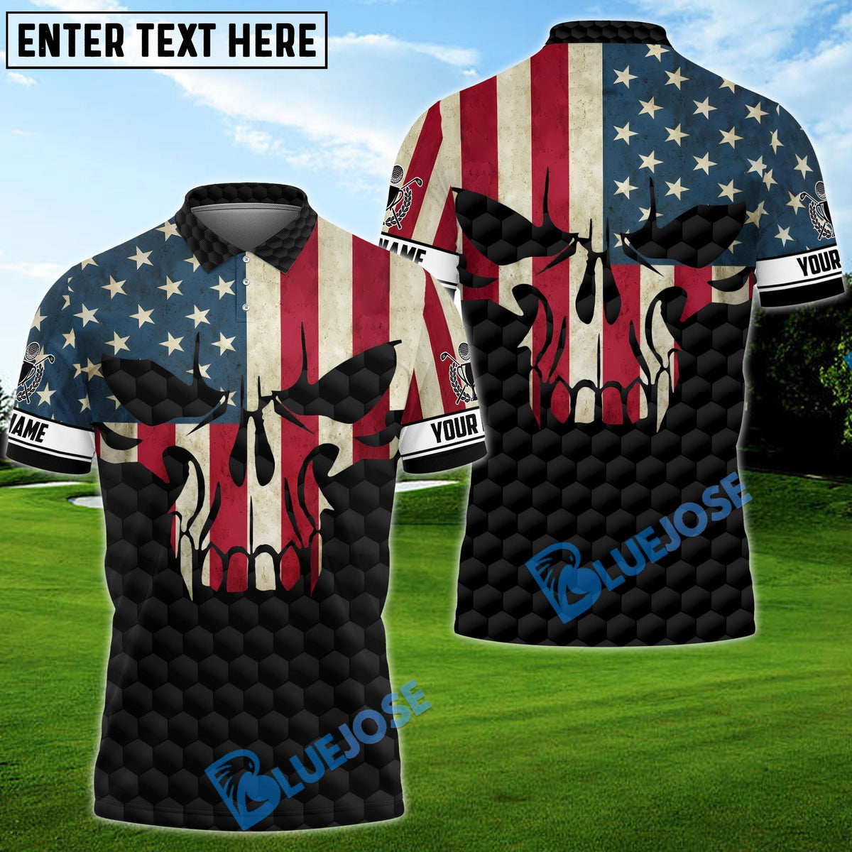 BlueJose Golf Skull American Flag Personalized Name, Team Name Polo Shirt