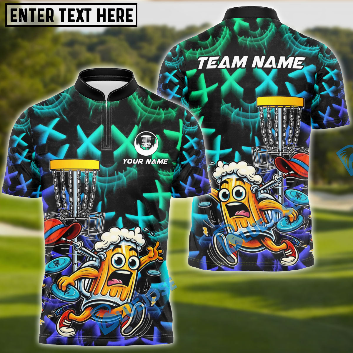 BlueJose Funny Beer Disc Golf Mascot Polo Personalized Name, Team Name 3D Shirt (4 Colors)