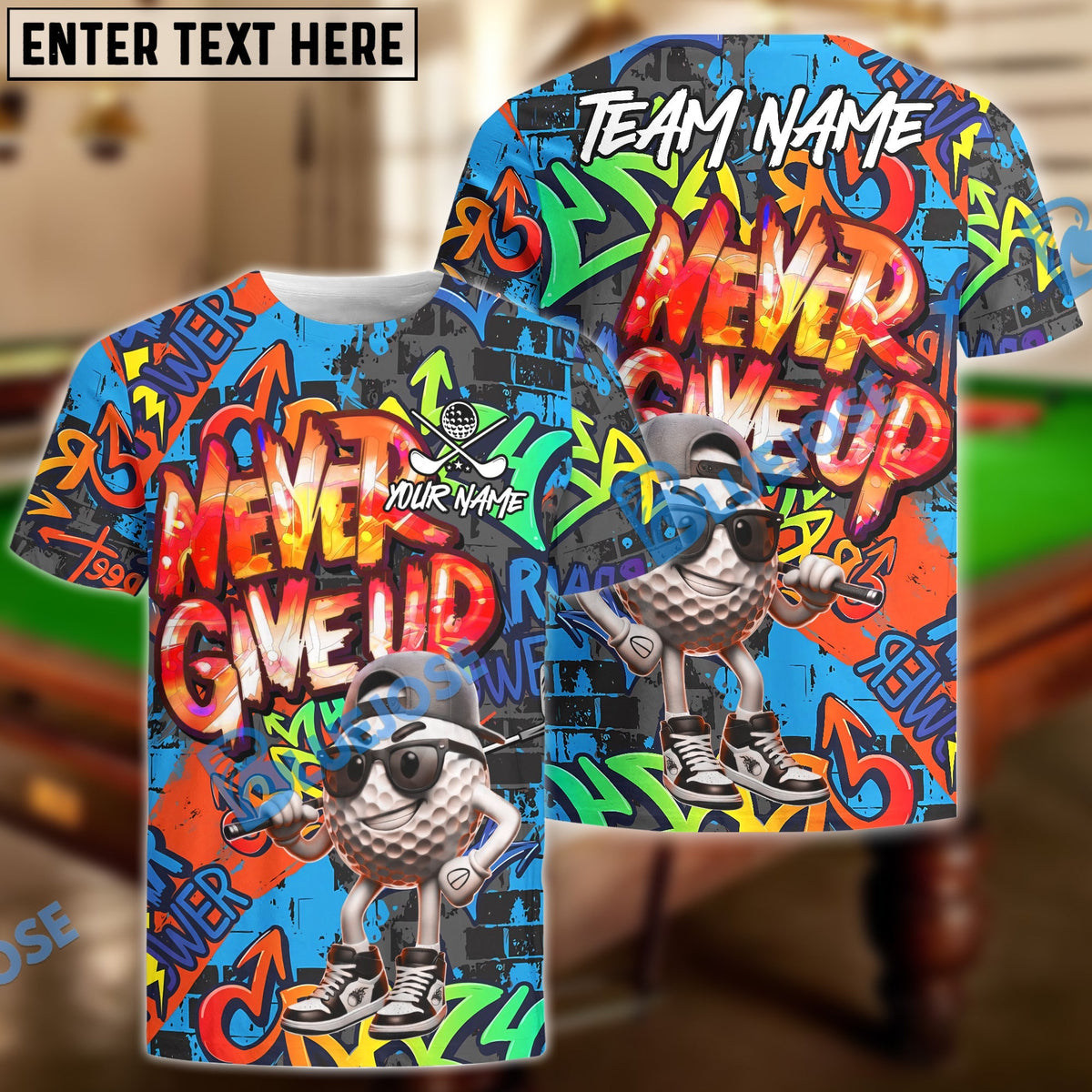 BlueJose Never Give Up Graffiti Golf Shirt Customized Name, Team Name 3D Shirts (4 Colors)