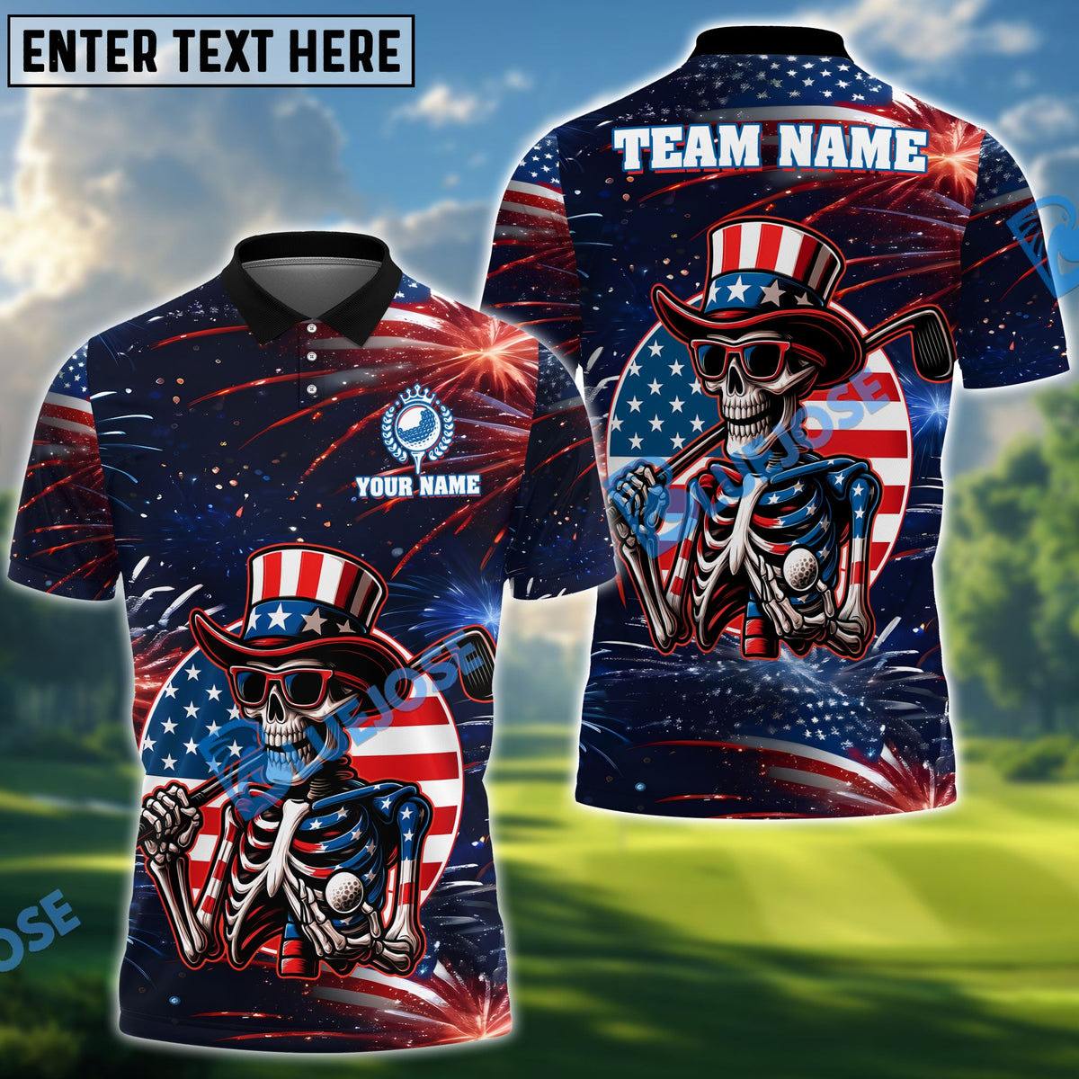 BlueJose Patriotic Skeleton Golf Polo ‚Äö√Ñ√¨ 4th of July USA Golf Polo Shirt, Custom Name & Team Name 3D Shirts
