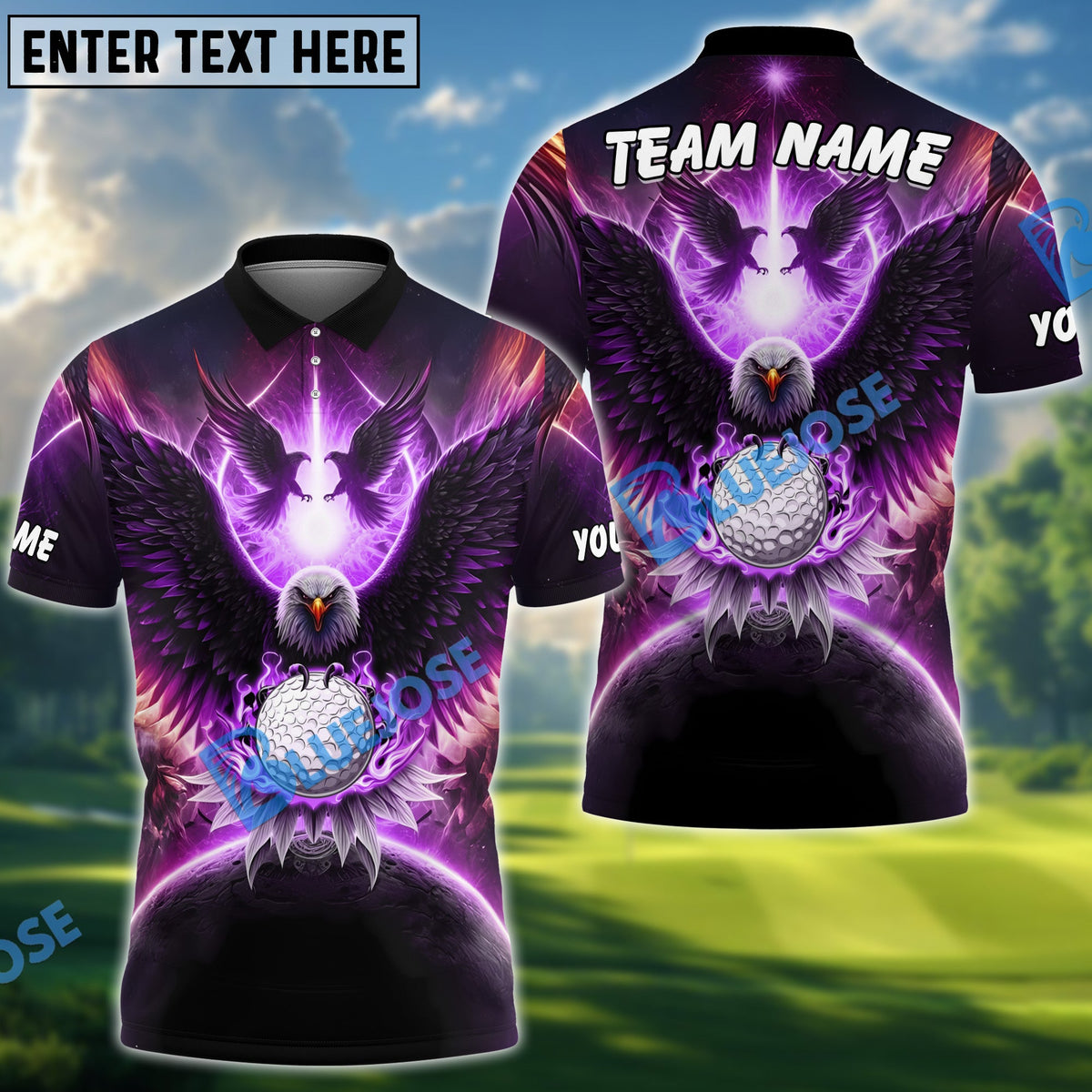 BlueJose Eagle Glow Golf Polo Shirt Customized Name, Team Name 3D Shirts (4 Colors)