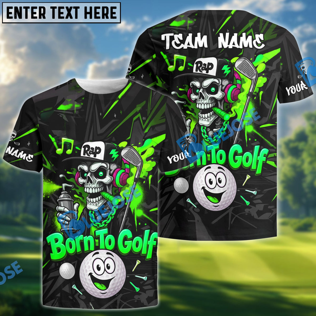 BlueJose Born To Golf Skull Rap Style Polo Personalized Name, Team Name 3D Shirt (4 Colors)