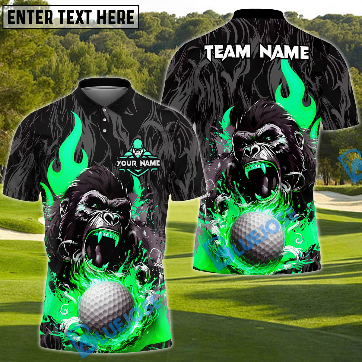 BlueJose Flaming Gorilla Golf Polo Shirt, Customized Name, Team Name 3D Shirts (4 Colors)