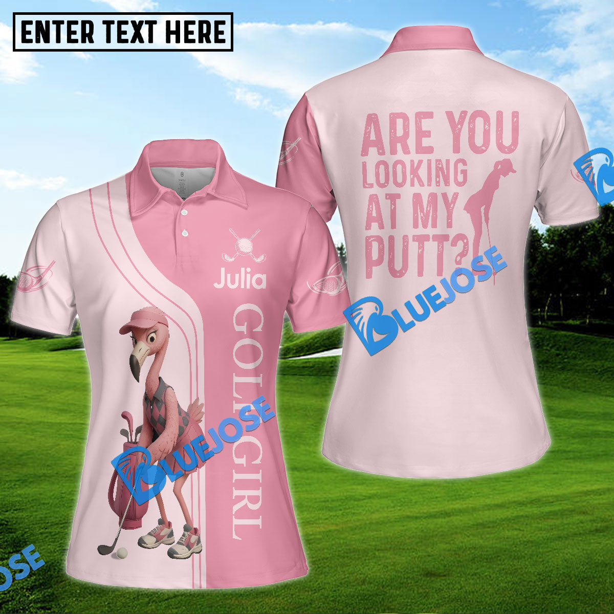 BlueJose Are You Looking At My Putt Funny Flamingo Pink Golf Shirt, Golf Shirts For Ladies