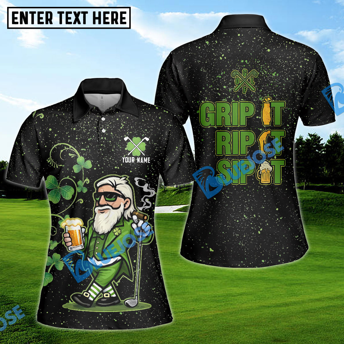 BlueJose Grip It Rip It Sip It St Patrick's Day Leprechaun Golf And Beer Shamrock Golf Shirt, Golf Shirts For Men