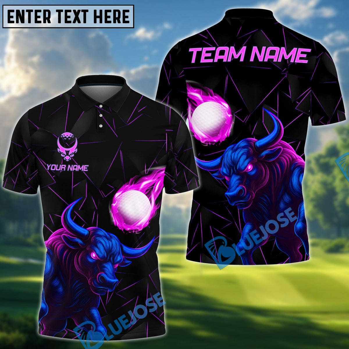 BlueJose Power Strike Bull Golf Polo Shirt, Customized Name & Team Name 3D Shirts (4 Colors)