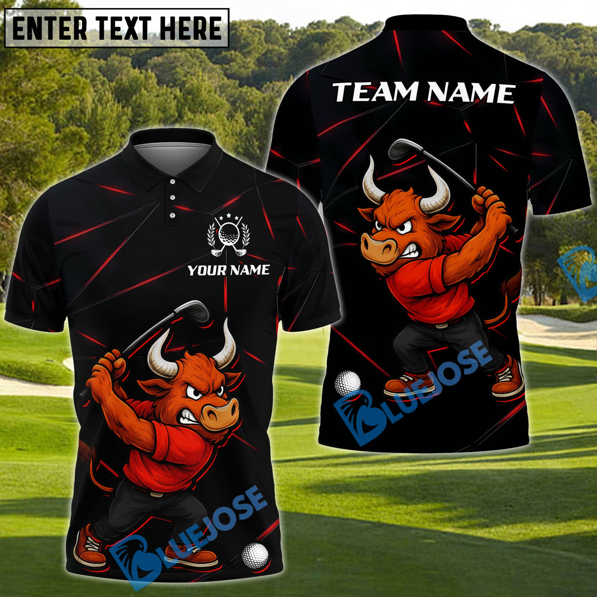 BlueJose Bull Power Drive Golf Polo Shirt, Customized Name & Team Name 3D Shirts (4 Colors)