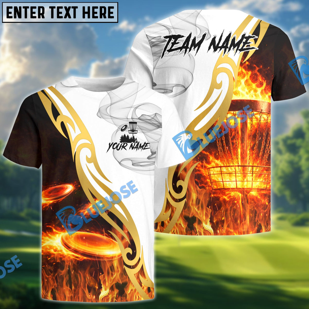 BlueJose Flame Drive Disc Golf Polo Personalized Name, Team Name 3D Shirt (4 Colors)