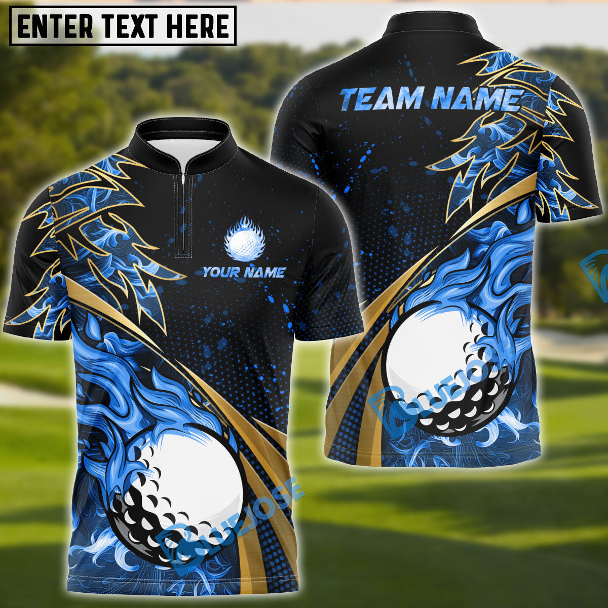 BlueJose  Golf Fire Golden Line Premium Multicolor Option Customized Name, Team Name 3D Polo Shirt (6 Colors)