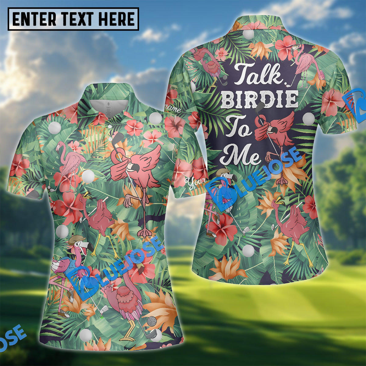 BlueJose Tropical Flamingo Talk Birdie to Me Golf Polos Shirt, Women‚Äö√Ñ√¥s Golf Shirt, Golf Shirts For Ladies