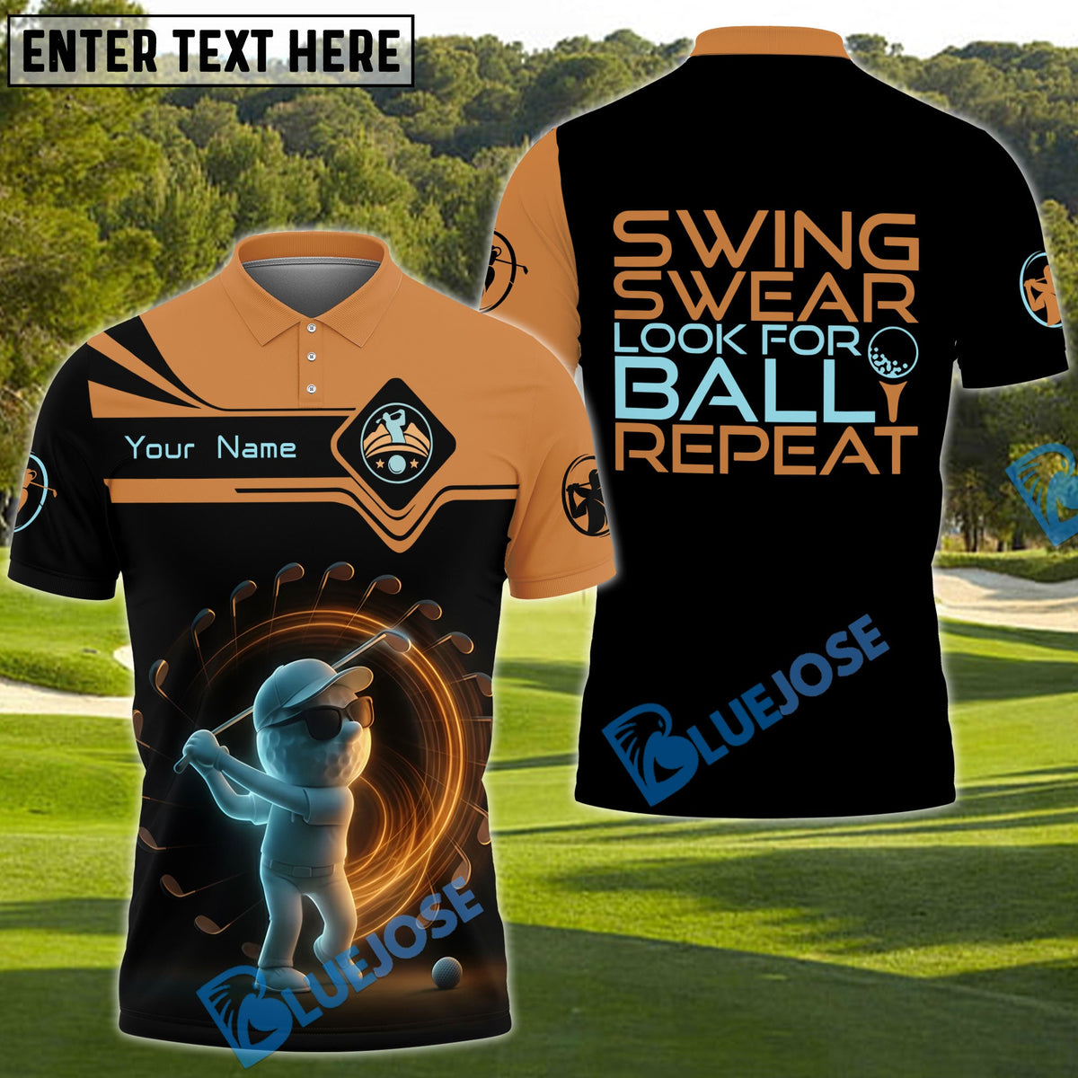 BlueJose Swing Swear Look For Ball Repeat Funny Golf Shirt, Custom Name Golf 3D Shirts