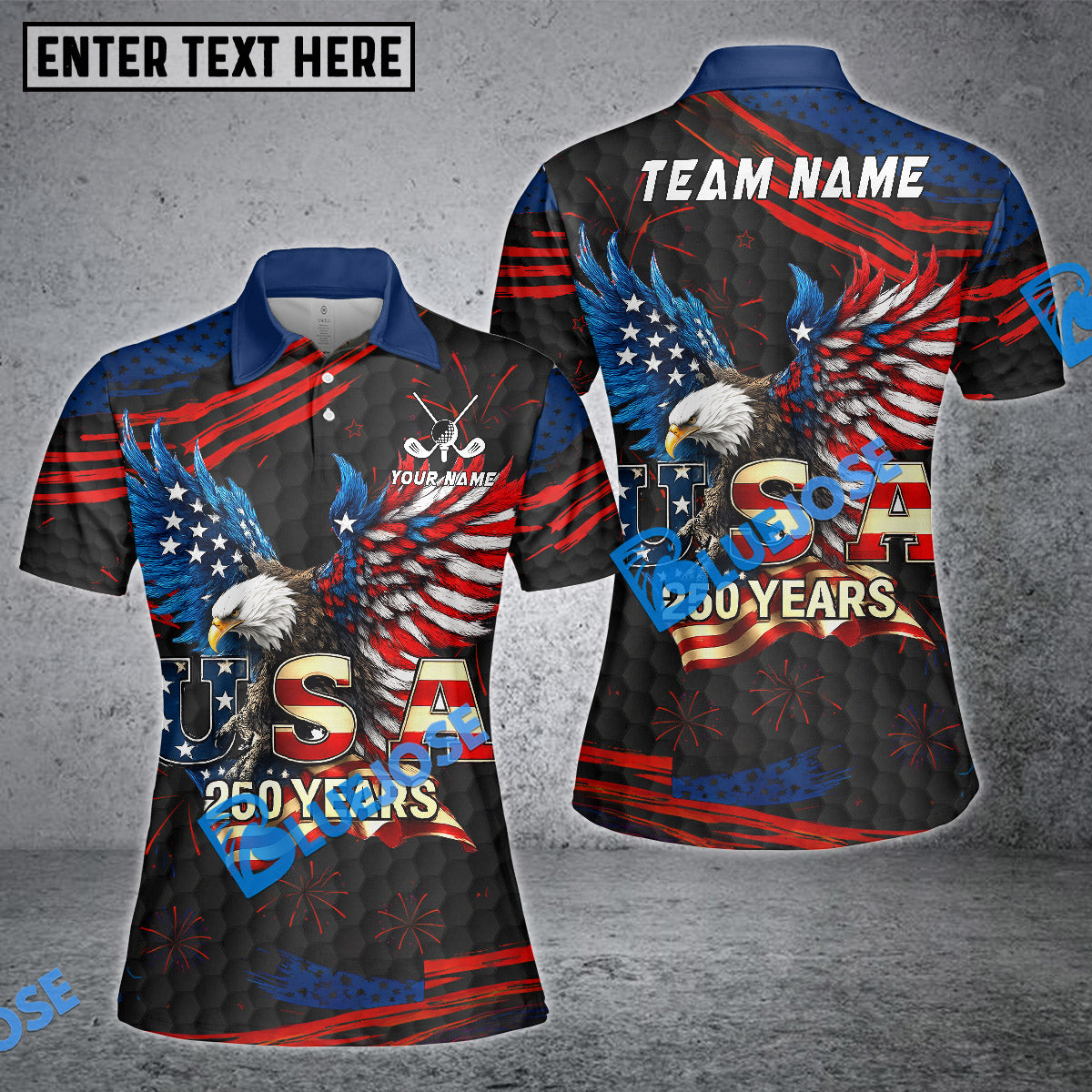 BlueJose Golf USA Eagle Patriotic 250 Years Independence Day Black Customized Name, Team Name 3D Shirts