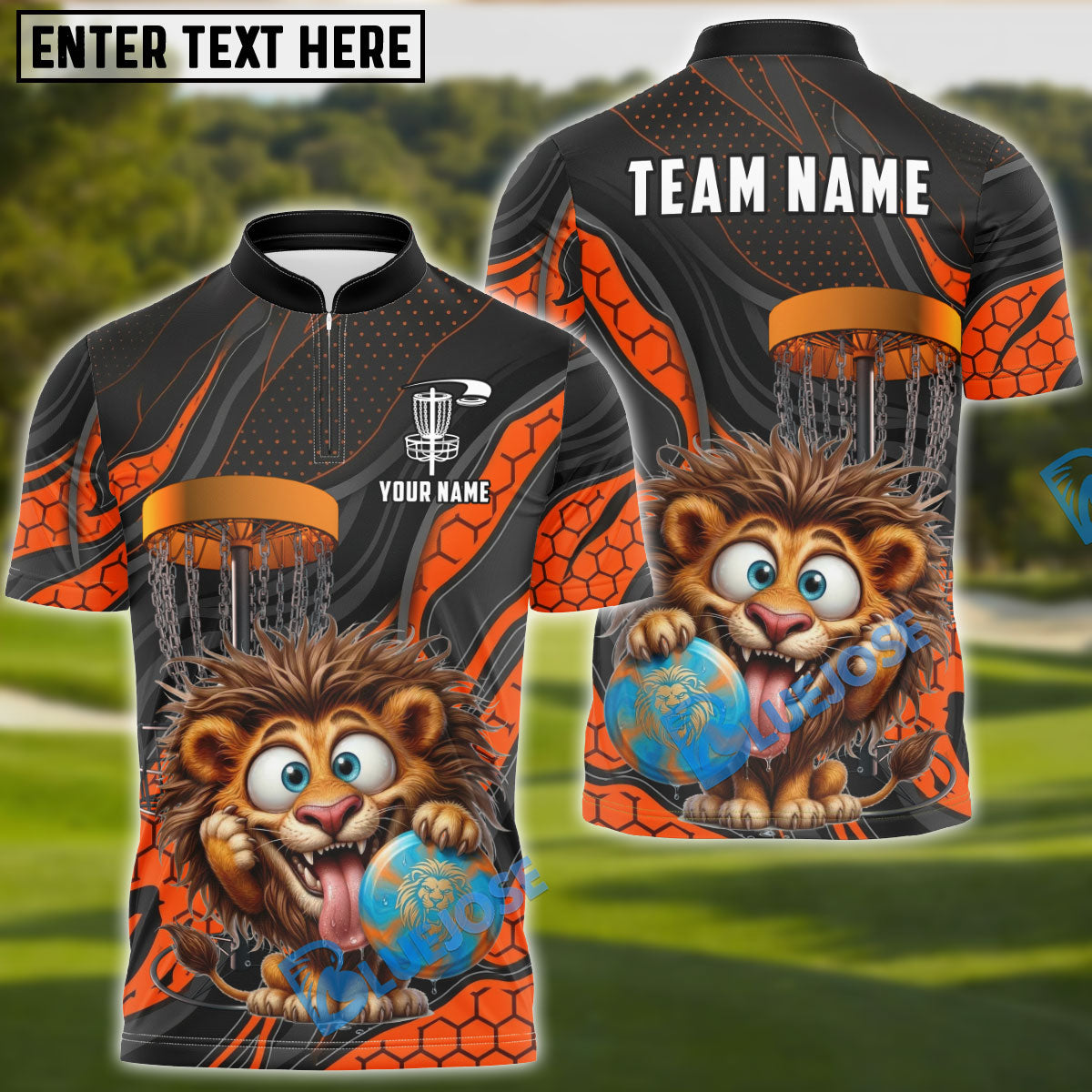 BlueJose Lion Disc Golf Player Funny Cartoon Expression Personalized Name, Team Name 3D Shirt (4 Colors)