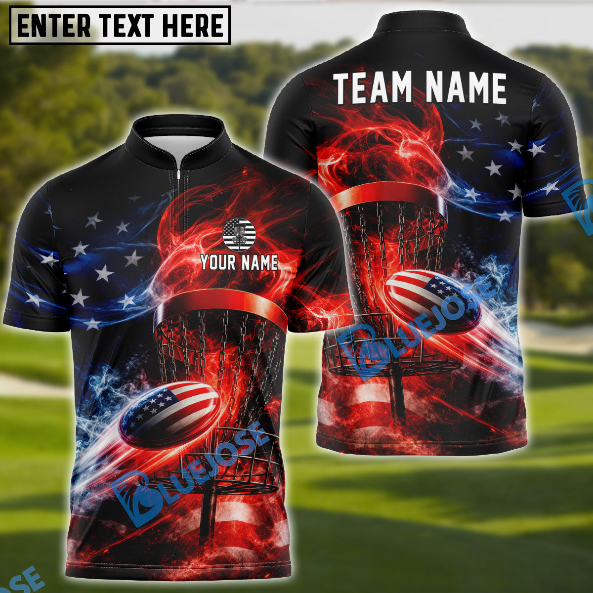 BlueJose Patriotic Fire Disc Golf Polo Customized Name, Team Name 3D Shirts