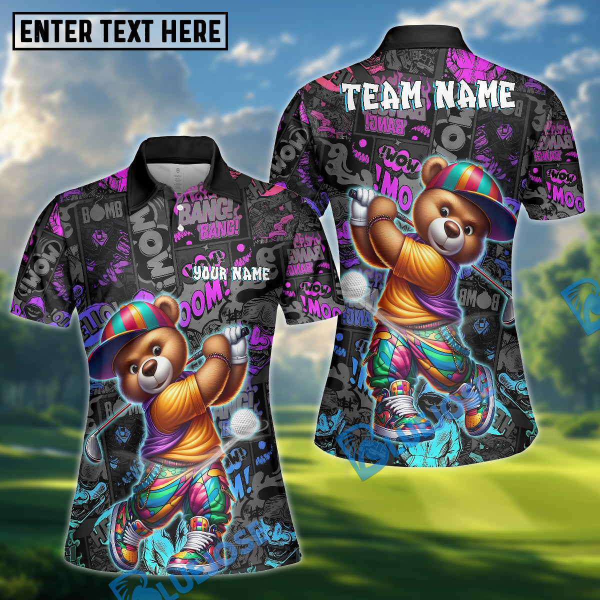 BlueJose Graffiti Golfer Teddy Funny Golf Polo Shirt, Custom Name & Team Name 3D Shirts