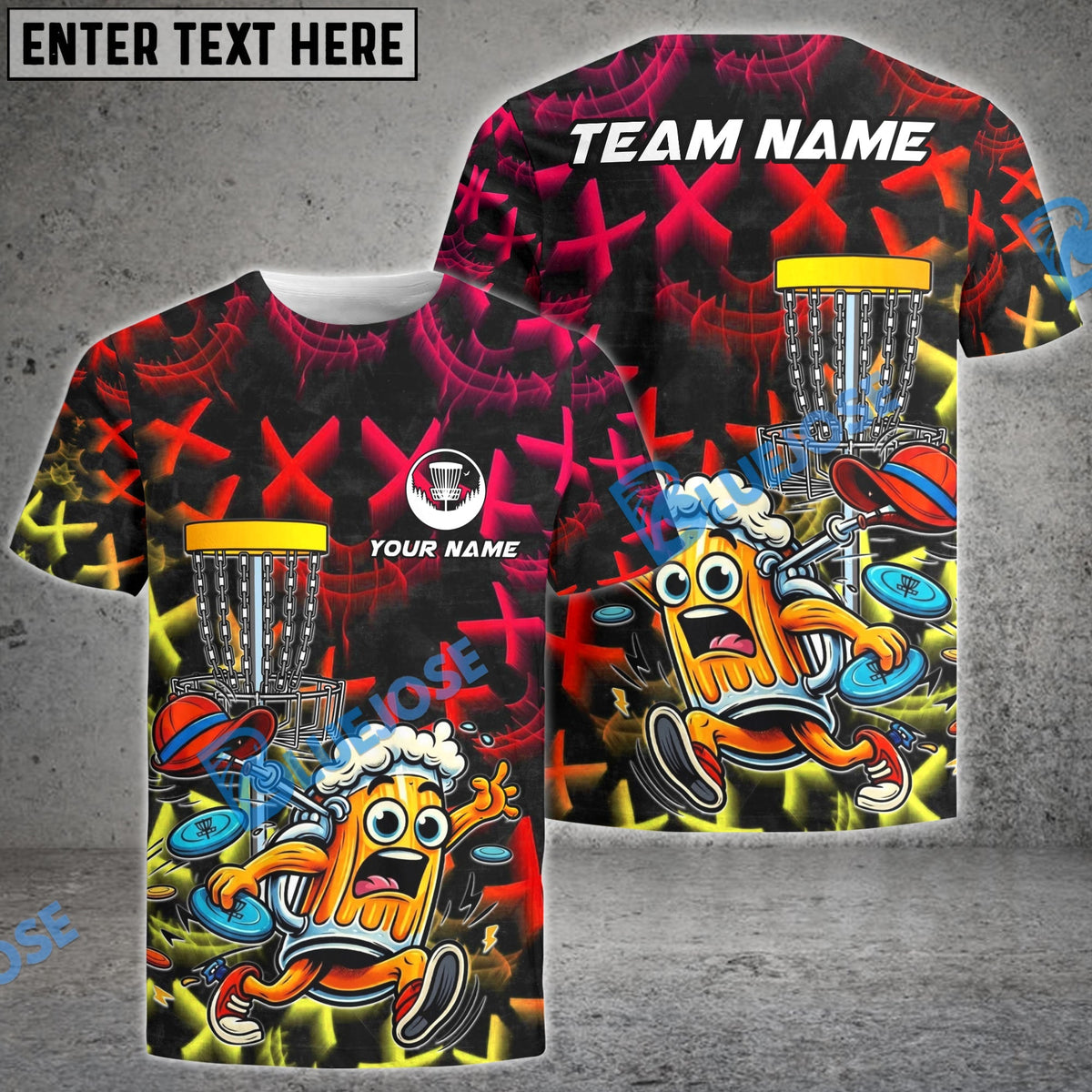 BlueJose Funny Beer Disc Golf Mascot Polo Personalized Name, Team Name 3D Shirt (4 Colors)