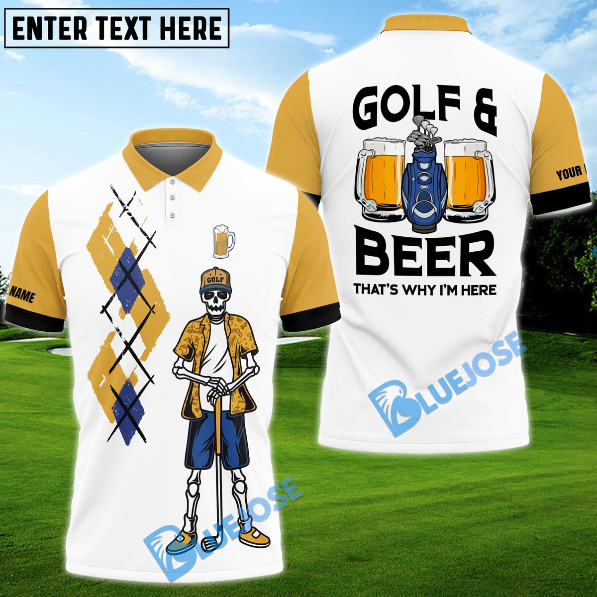 BlueJose Golf and Beer Personalized Name Polo Shirt