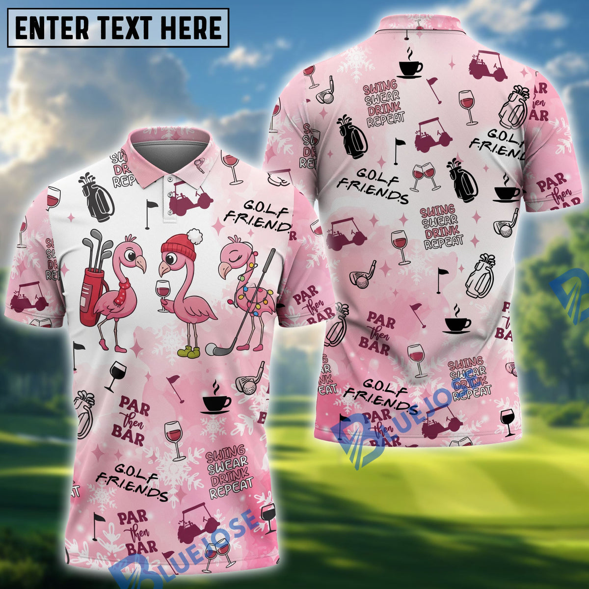 BlueJose Golf Friends Par Then Bar Flamingo Christmas Golf Shirt, Golf Tops For Men, Pink Golf Polo, Golf Gift For Men