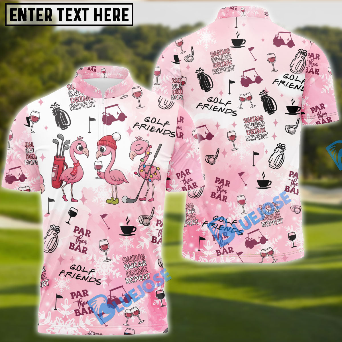 BlueJose Golf Friends Par Then Bar Flamingo Christmas Golf Shirt, Golf Tops For Men, Pink Golf Polo, Golf Gift For Men