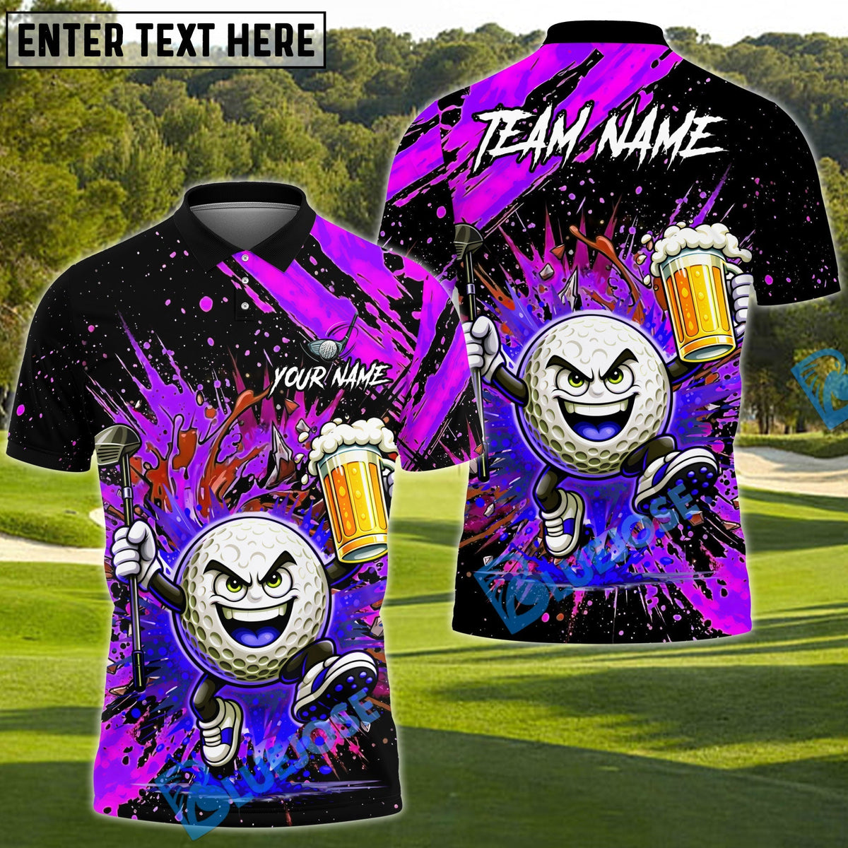 BlueJose Splash Swing Golf Polo Personalized Name, Team Name 3D Shirt (4 Colors)