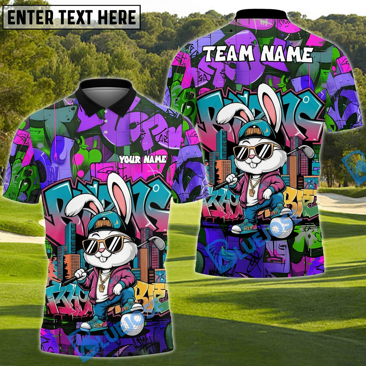 BlueJose Graffiti Bunny Golf Polo Customized Name, Team Name 3D Shirts (4 Colors)