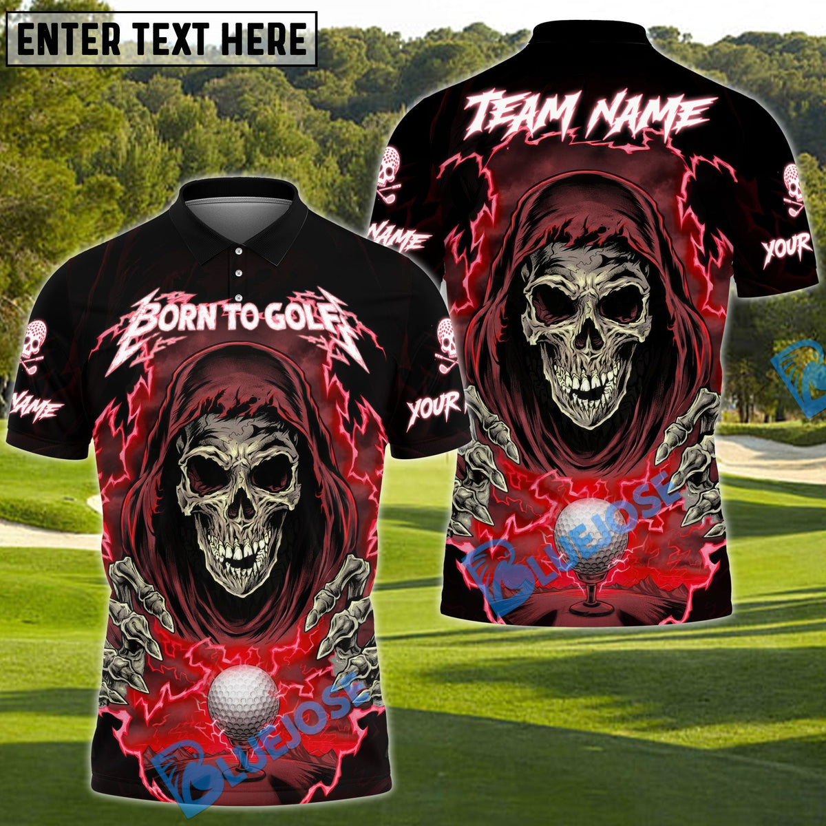 BlueJose Born to Golf Reaper Polo Shirt, Customized Name & Team Name 3D Shirts (4 Colors)
