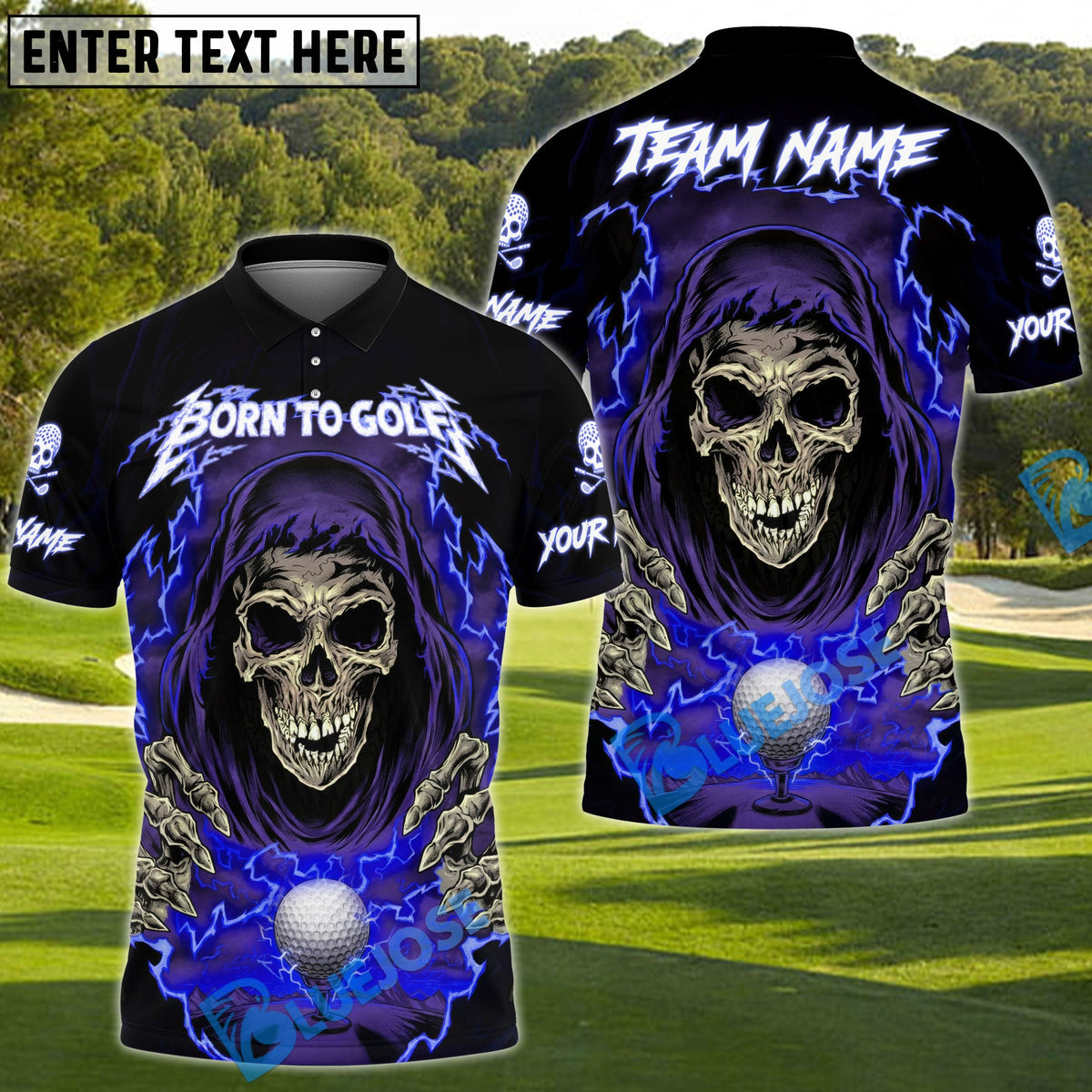 BlueJose Born to Golf Reaper Polo Shirt, Customized Name & Team Name 3D Shirts (4 Colors)