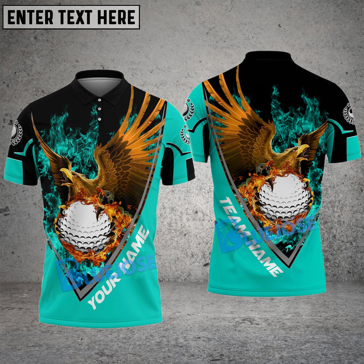 BlueJose Golf Fire Raging Eagle Customized Name, Team Name 3D Shirts (4 Colors)