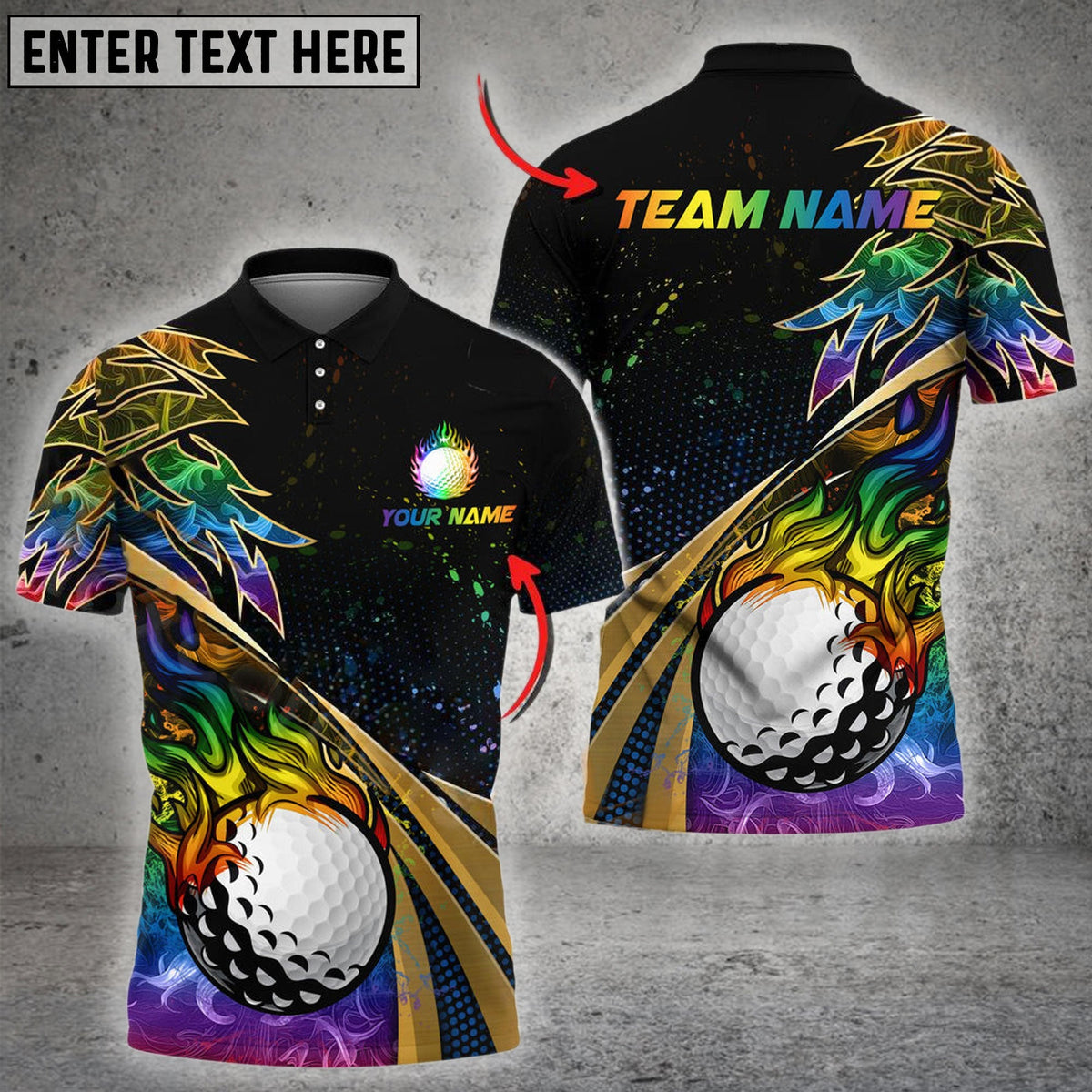 BlueJose  Golf Fire Golden Line Premium Multicolor Option Customized Name, Team Name 3D Polo Shirt (6 Colors)