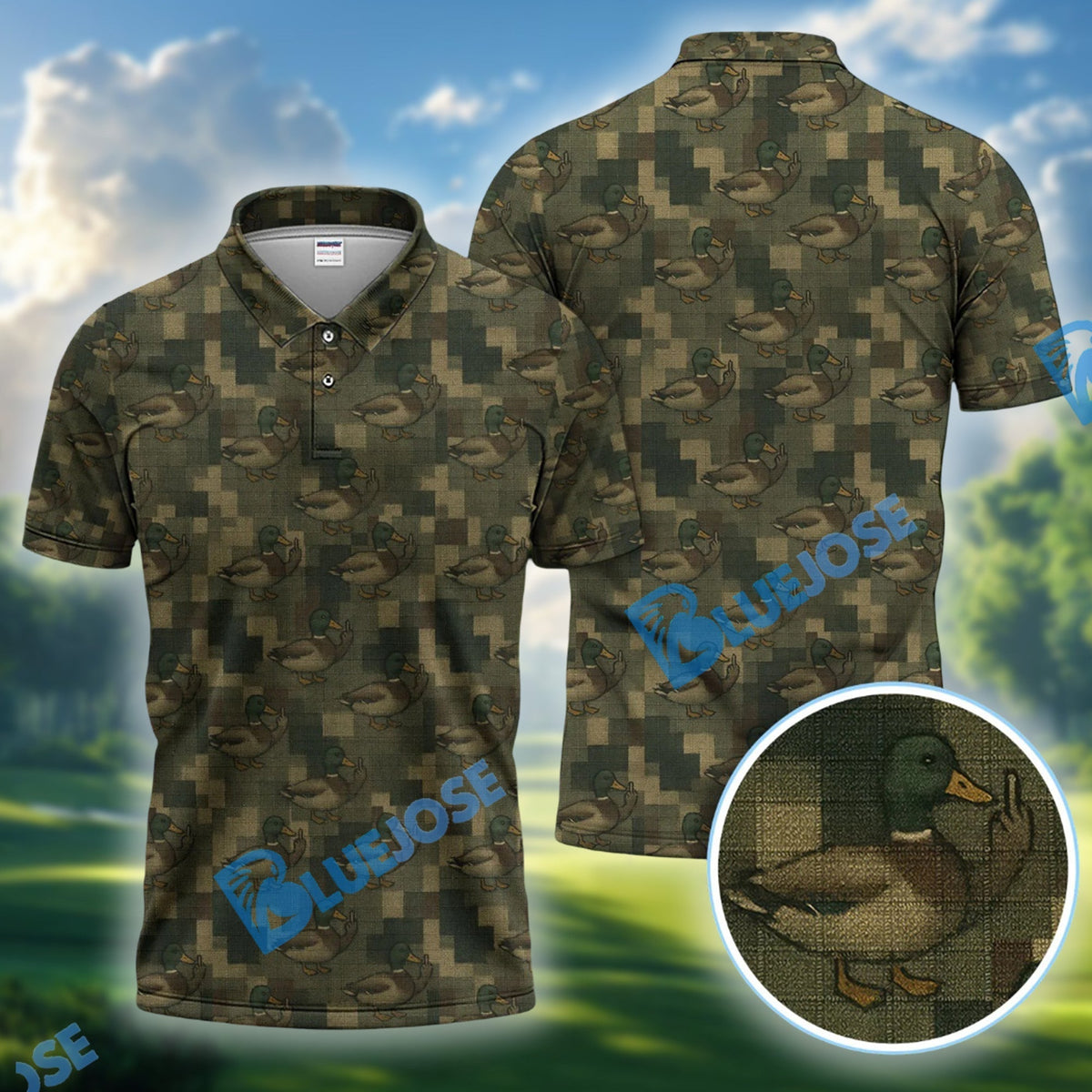BlueJose Mallard Duck Camo Polos For Men, Waterfowl Pattern Shirt, Crazy Golf Shirt For Golfer