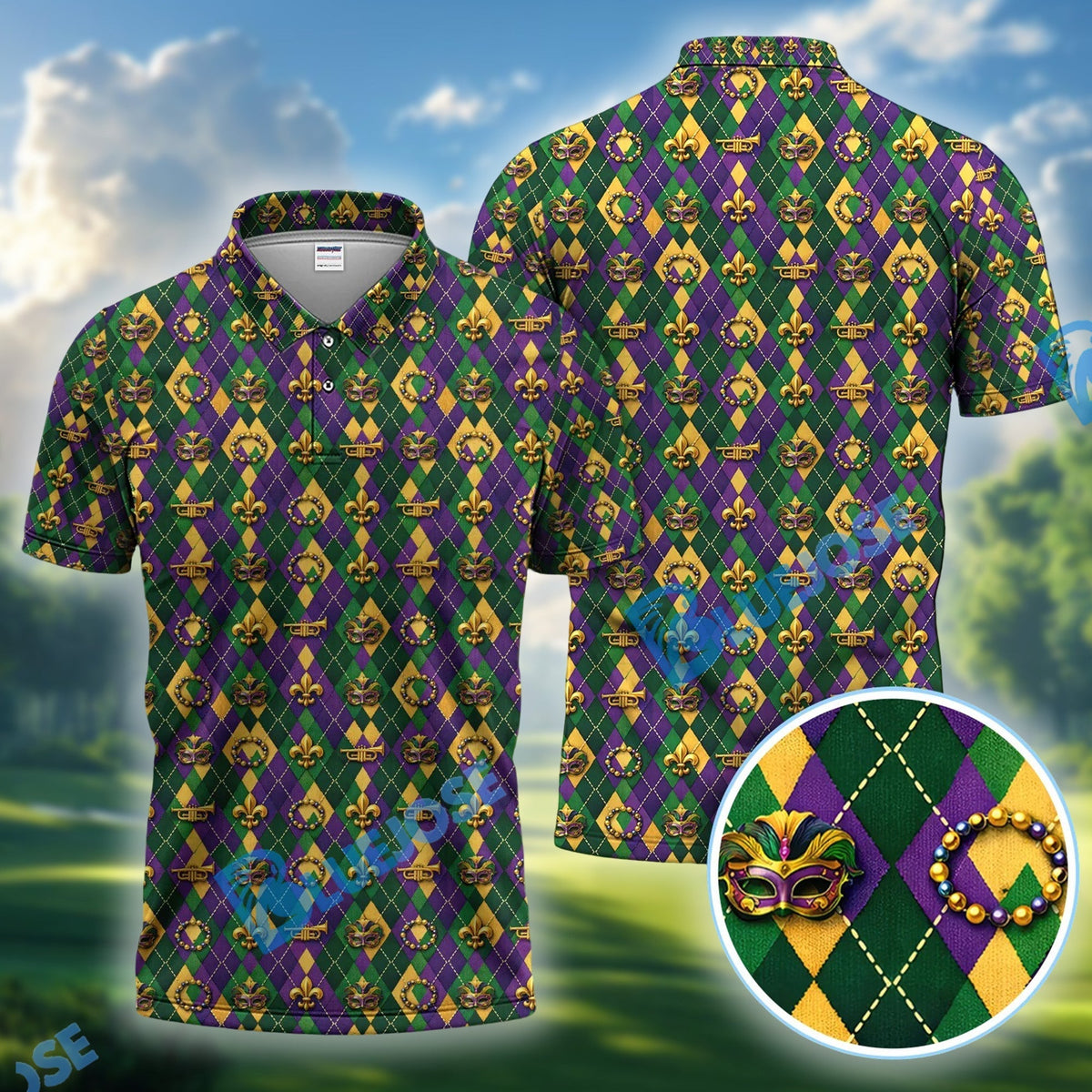 BlueJose Mardi Gras Argyle Golf Polos, Carnival Pattern Golf Shirt For Golfer, Golf Gift For Men