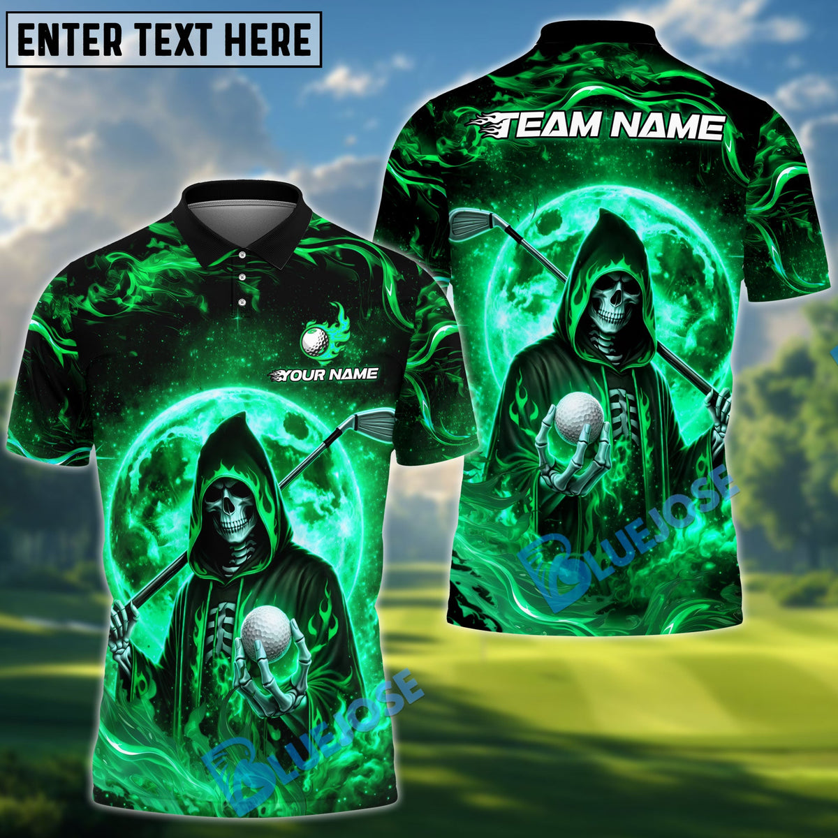 BlueJose Midnight Moon Grim Reaper Golf Polo Shirt, Customized Name & Team Name 3D Shirts (4 Colors)