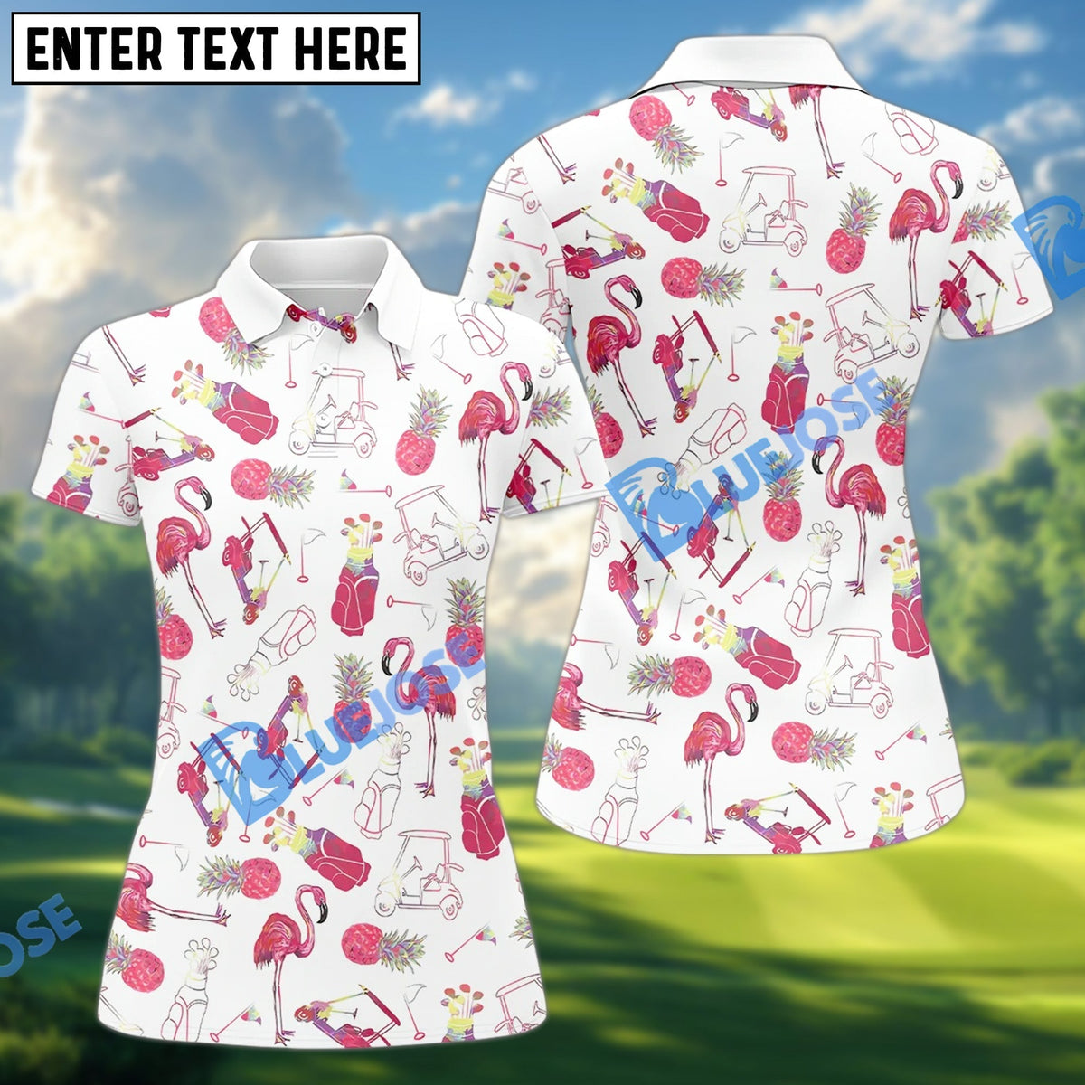 BlueJose Fun Flamingo Golf Women Polo Shirt, Custom Name & Team Name 3D Shirt