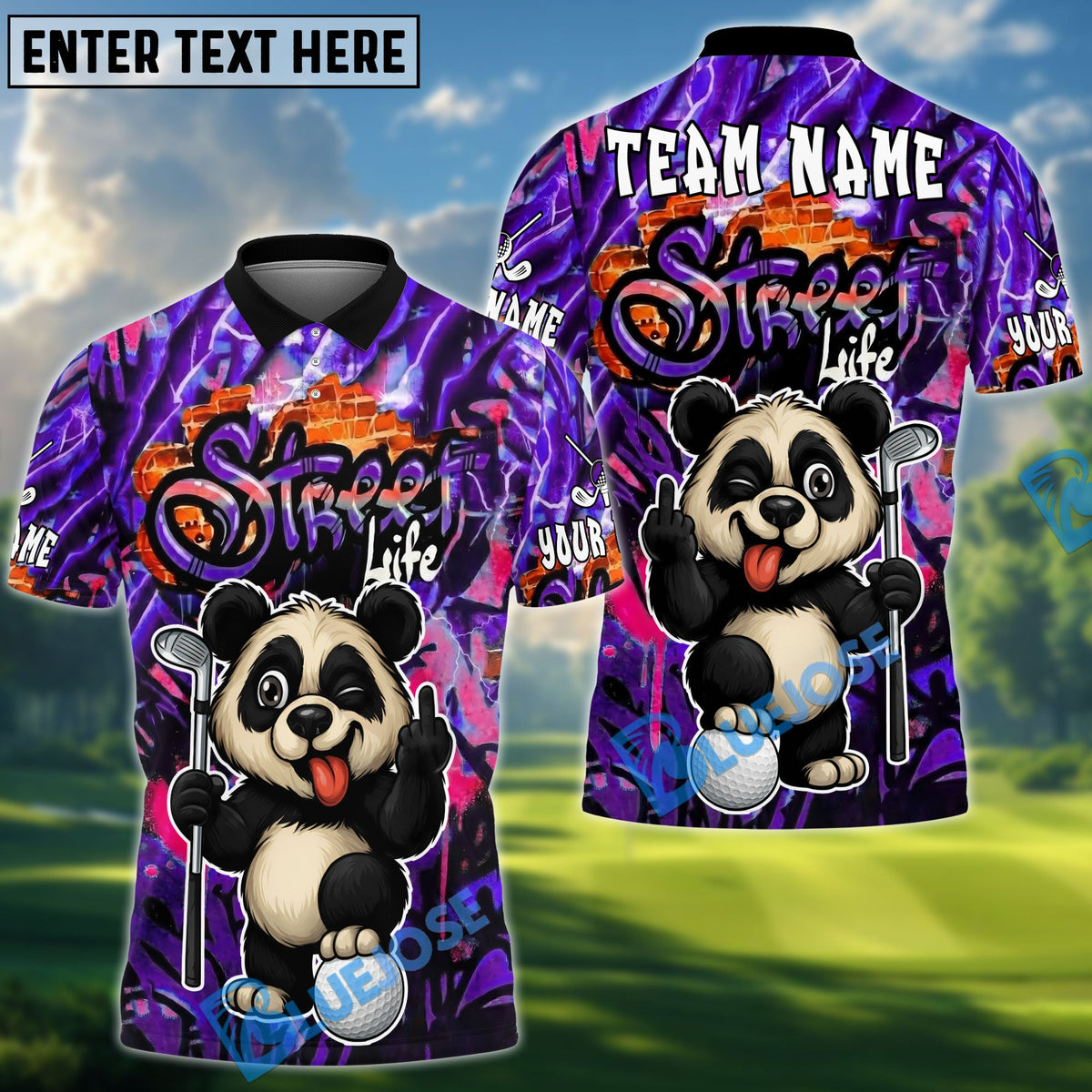 BlueJose Street Swing Panda Golf Polo Shirt, Customized Name & Team Name 3D Shirts (4 Colors)