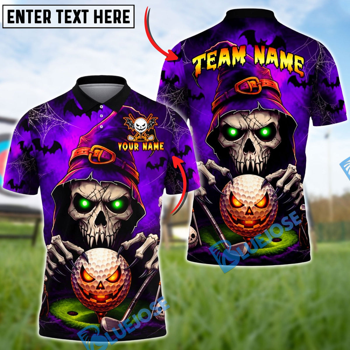 BlueJose Golf Halloween Grim Reaper Jack-O‚Äô-Lantern Golf Ball Customized Name, Team Name 3D Shirt