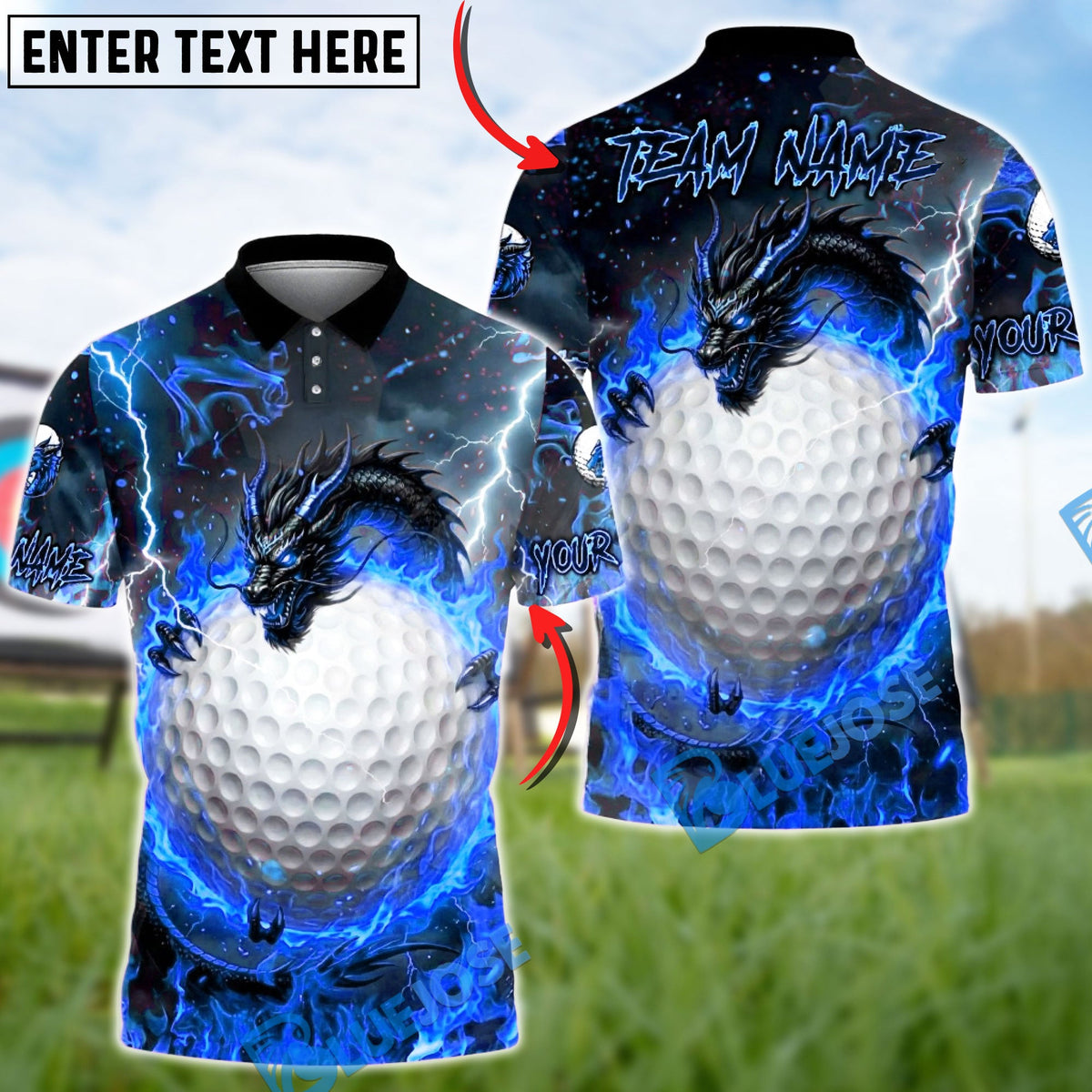 BlueJose Fire Dragon & Golf Ball Golf Polo Shirt, Customized Name & Team Name 3D Shirts (4 Colors) (
